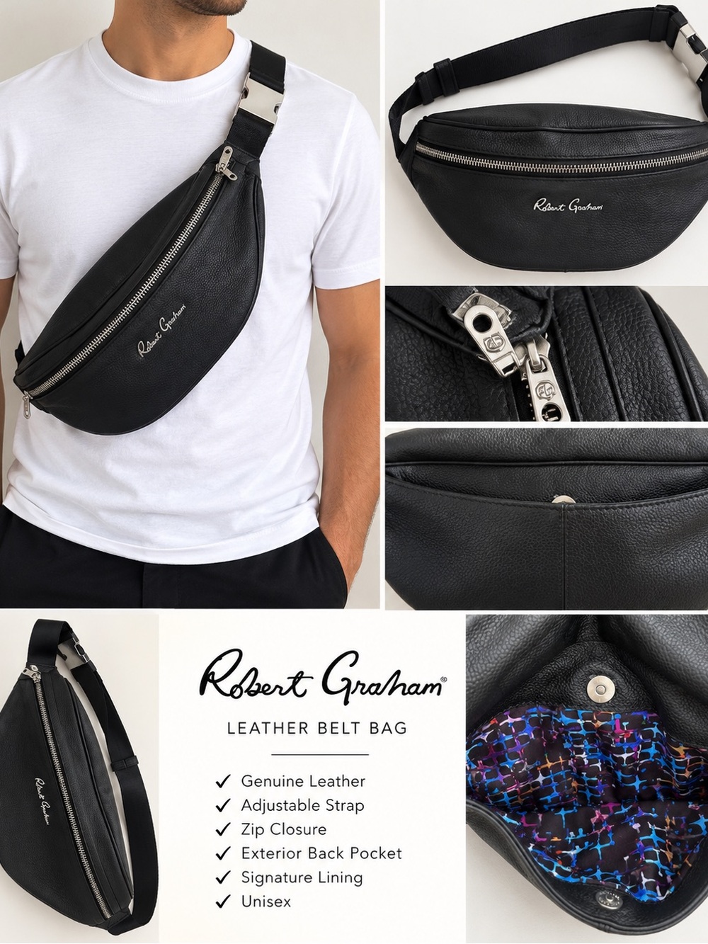 NWOT Robert Graham Black Leather Belt Bag with Signature Lining